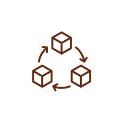 Ícone minimalista marrom com três cubos interligados por setas circulares, simbolizando o processo técnico de rastreabilidade e a transparência na cadeia de suprimentos da Omicha.